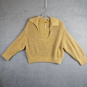 Free People Cropped Mustard Yellow Love This City V Neck Chunky Sweater Top XS
